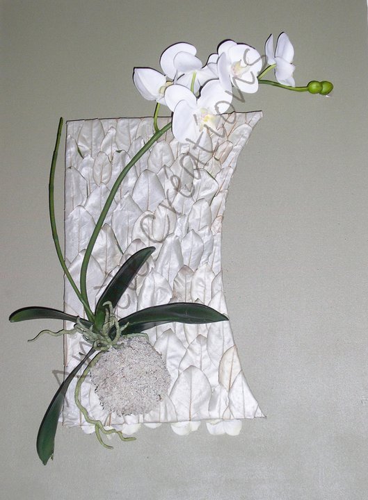 Tableau en techniques mixtes fuillages naturelle et plante synthétique