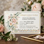 Chèque cadeau floral; pour une création florale d’exception; offert à Anne-Sophie Dubois; de la part de Julien et Marie; montant 100 €; valable chez L’Atelier Floral de Paris; valide jusqu’au 31 décembre 2024; N° 240901; www.latelierfloral.paris; 75006 Paris