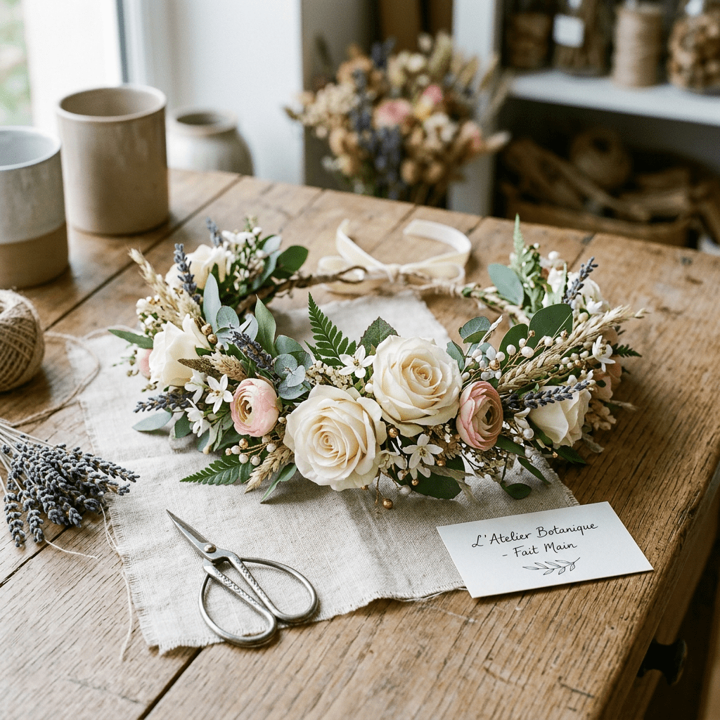 Floral crown with roses, greenery, scissors, and card reading L’Atelier Botanique – Fait Main