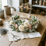 Floral crown with roses, greenery, scissors, and card reading L’Atelier Botanique – Fait Main