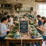 Four people arranging flowers beside a sign reading “RÉSERVEZ VOTRE ATELIER FLORAL. Découvrez, l’art des fleurs. Sessions créatives & conviviales. Dès 8 inscriptions : www.fleurs-creation.fr.”