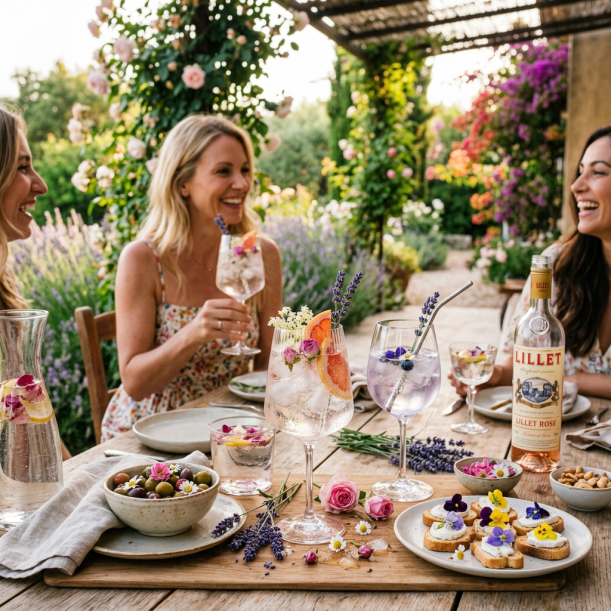 Friends enjoying floral cocktails and snacks in a flower-filled garden