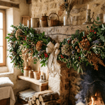 Rustic stone fireplace mantel decorated with greenery, berries, pinecones, and burlap bow